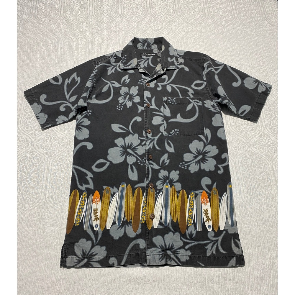 No Boundaries Mens Small Black Floral Hibiscus Surfboard Hawaiian Shirt